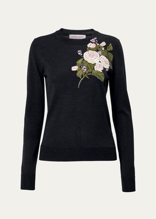 Carolina Herrera Floral Embroidered Crewneck Wool Sweater