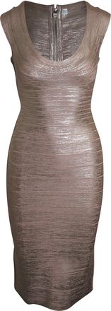 H&eacute;rve L&eacute;ger Scoop Neck Bandage Dress in Metallic Rose Gold Rayon