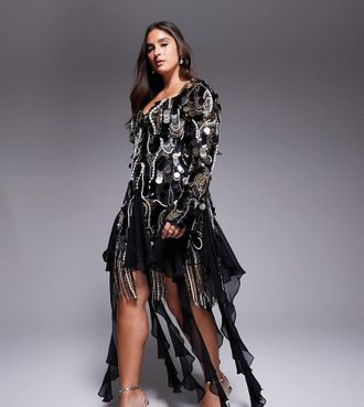 Asos Curve - Vestito corto nero in chiffon decorato con finiture