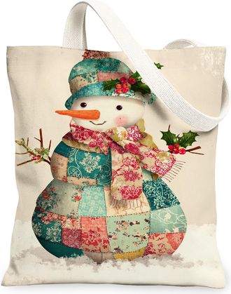Generic Winter Snow Man Canvas Tote Bags, Patchwork Design Reusable Grocery Bags, Vintage Lightweight Washable Shoulder Strap, Multicolor, 13x15 Inch