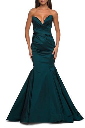 La Femme Mermaid Stretch Mikado Evening Dress with Illusion Back in Dark Emerald at Nordstrom, Size 10