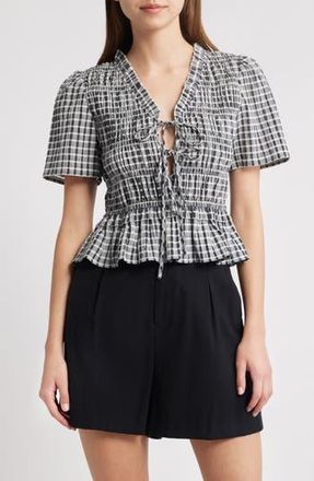 Rails Portia Stripe Smocked Ruffle Seersucker Crop Top in Ash Seersucker at Nordstrom Rack, Size Xx-Large