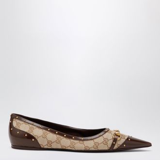 Gucci Ballerina Savoy in tessuto GG e pelle beige sabbia/marrone