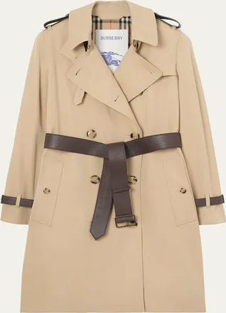 Burberry Kensington Leather-Trim Double-Breasted Trench Coat