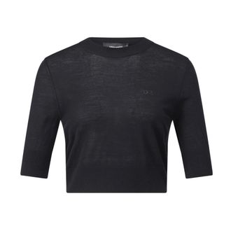 Dsquared2 Wollen Crop Top - Dames - Ronde hals truien - Zwart - L - Wol - Truien & Vesten