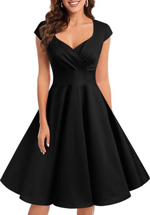 Bbonlinedress Womens 50s 60s A Line Rockabilly Dress Cap Sleeve Vintage Swing Party Dress Black 3XL
