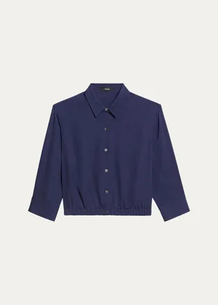 Theory Scrunched-Sleeve Cropped Button-Front Silk Shirt