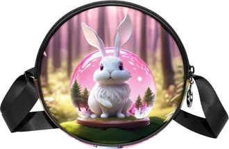 Generic Circle Crossbody Bag for Women, Rabbit Crystal Ball Small Sling Bag Daypack with Zipper Adjustable Shoulder Straps Casual Ladies Girls Round Purse