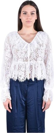 Michael Kors Gebloemde kanten blouse met koord en V-hals - Dames - Blouses - Wit - M - Katoen - Overhemden