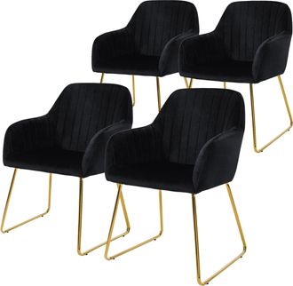 ML Design Ml-design - Juego De 4x Sillas De Comedor Negras Asiento Ergon&oacute;mico Acolchado Tapizado De Terciopelo, Patas De Metal Dorado Sill&oacute;n De Dise&ntilde;o Moderno P