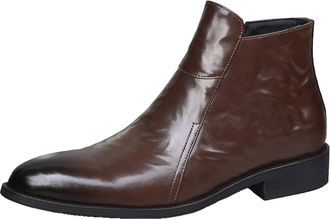 Generic Mens Pointed Toe Casual Ankle Boots Flat Heel Office Dress Shoes PU Leather Short Boot with Side Zipper,Brown Velvet Lining,7.5 UK