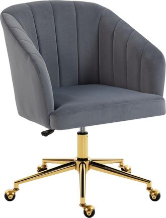 HOMCOM Homcom Silla De Oficina Con Ruedas, Silla De Escritorio De Terciopelo Con Respaldo Acolchado, Altura Ajustable, Espuma De Alta Resiliencia, Gris