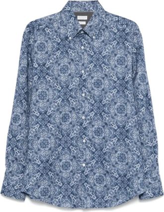 Brunello Cucinelli Paisley Print Navy Blue Overhemd - Heren - Casual Overhemden - Blauw - L - Katoen - Overhemden