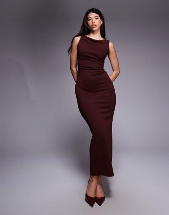 Asos Vestito midi color vino arricciato con scollo a barchetta-Rosso