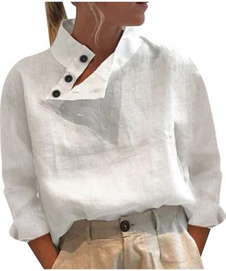 Generic Womens High Neck Tee Cotton Linen Buttoned Collar Tops Casual Summer Long Sleeve Slanted V-Neck Loose Fit Blouse White