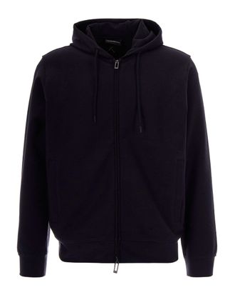 Emporio Armani Jacquard Black Hoodie with Adjustable Drawstring and Eagle Emblem