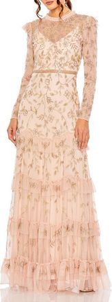 Mac Duggal High Neck Flutter Cap Long Sleeve Tiered Embellish in Blush at Nordstrom, Size 22
