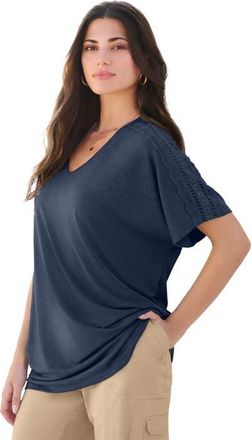 Roaman's Lace Trimmed Textured Tee in Navy at Nordstrom, Size 20