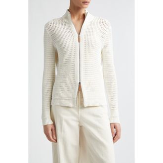 Lafayette 148 New York Open Stitch Cotton & Linen Blend Zip Cardigan in Cloud at Nordstrom, Size X-Small