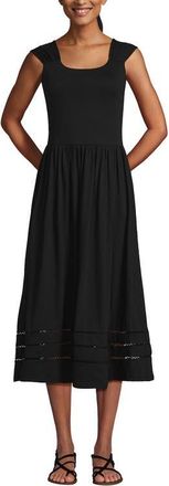 Lands End Slub Cap Sleeve Shirred Skirt Midi Dress in Black at Nordstrom, Size X-Small