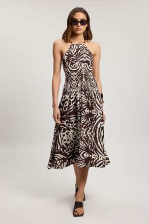 Karen Millen Womens Shirred Animal Print V Neck Trim Detail Woven Midi Dress - Monochrome Multi Lyocell - Size 10 UK