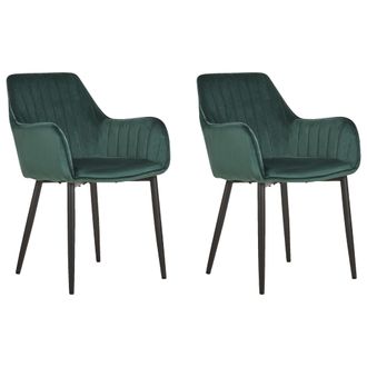 Beliani Juego De 2 Sillas De Comedor De Terciopelo Verde Con Reposabrazos Patas De Metal Negro Retro Glam Wellston