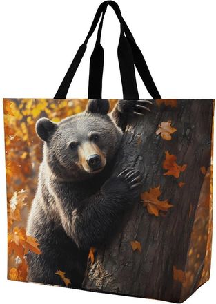 Generic Bear Climbing on A Tree Reusable Shopping Bags One Shoulder Grocery Tote Bag Waterproof Big Purse for Work Travel