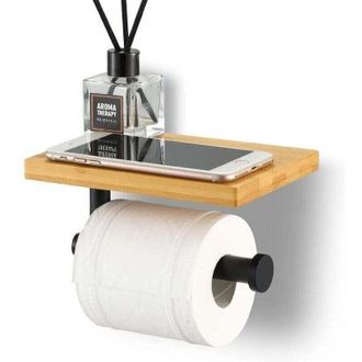 OEM Portarrollos De Papel Higi&eacute;nico Con Estante - Bamb&uacute; - Soporte De Rollo De Acero Inoxidable Sus304 - Montaje En Pared Negro Mate - Crezuo