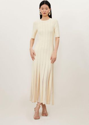 Karen Millen Womens Petite Viscose Blend Filament Full Skirt Knit Short Sleeve Midi Dress - Cream - Size X-Small