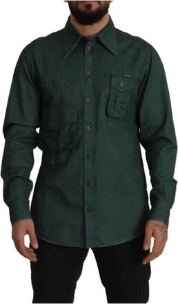 Dolce & Gabbana Slim Fit Donkergroene Flax Shirt - Heren - Casual Overhemden - Groen - XL - Overhemden