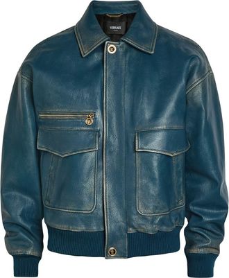 Versace Logo-embossed Distressed Leather Jacket - Blue - 48 (IT48 / M)