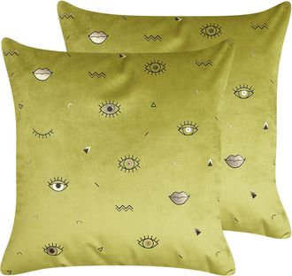 Beliani Conjunto De 2 Cojines De Terciopelo Verde Oliva Negro 45 X 45 Cm Ojo Aeonium