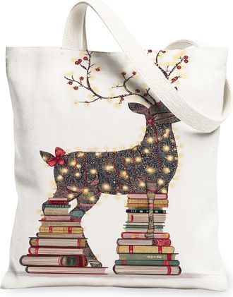 Generic Christmas Deer Canvas Tote Bags, Elegant Reindeer Design Lightweight Washable Shoulder Strap Grocery Bags for Holiday Trave, White, 13x15 Inch