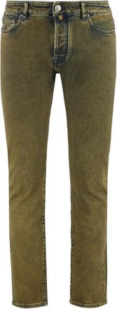 Moorer Regular Fit Jeans met Leren Logo - Heren - Slim Fit Jeans - Groen - W38 - Katoen - Jeans