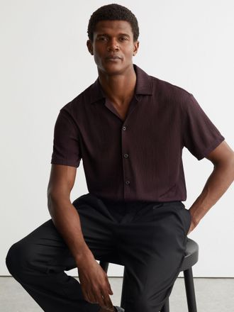 Reiss Cherry Red Jacquard-stripe Cuban-collar Shirt, Xxl