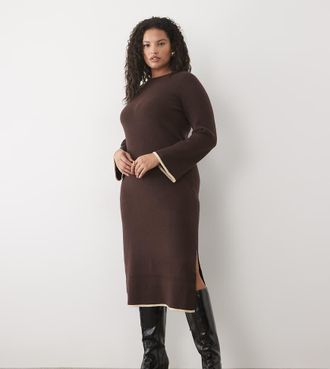 Vila abito midi in maglia a texture soffice con bordi a contrasto marrone cioccolato