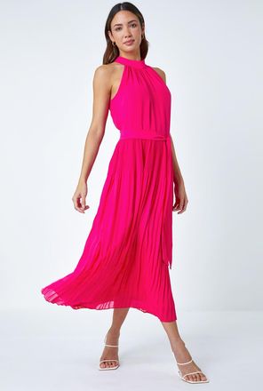 Roman Halterneck Pleated Chiffon Maxi Dress