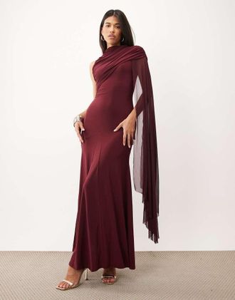 Asos vestito maxi con mantella in rete sovrapposta e godet bordeaux-Rosso