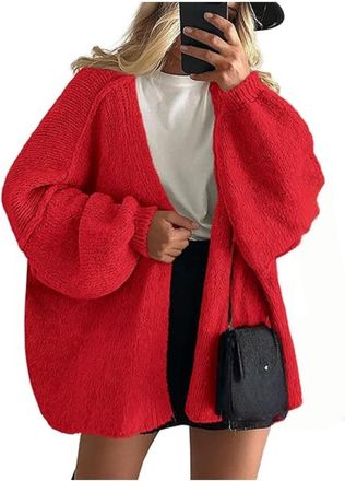 Generic Womens Oversized Open Front Chunky Knit Cardigan Sweaters Casual Long Lantern Sleeve Fall oversize cardigan for women (Dark red,XXL)