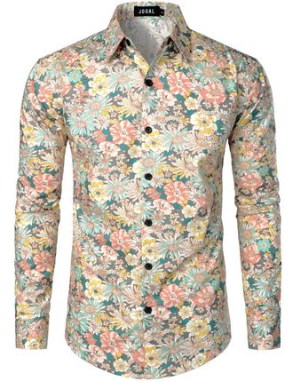 JOGAL Mens Regular fit Floral Dress Shirt Long Sleeve Printed Casual Button Down Shirts Grey Peony XXX-Large