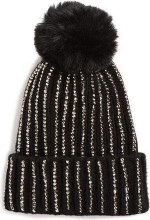 Natasha Stone Embellished Pompom Beanie in Black at Nordstrom Rack