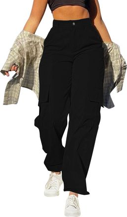 Generic Cargo Trousers Women High Waist Tummy Control Ladies Pants with Multi Pockets Wide Leg Loose Fit Hiking Workout Gym Sweatpants Straight Legs Solid Col