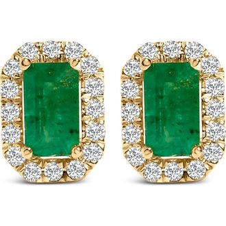 House of Brilliance 14K Yellow Gold Green Emerald and 1/8 Ct Diamond Halo Octagonal Stud Earrings at Nordstrom