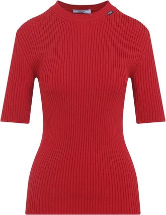 Prada Truien & Vesten, Dames, Rood, S, Wol, Triangle Logo Ribbed Knit Top