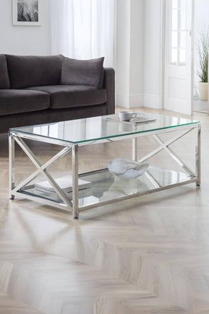 Julian Bowen Miami Glass Top Cross Frame Coffee Table with Shelf in Silver