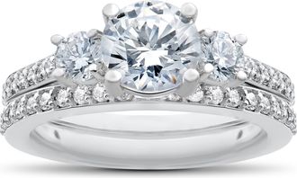 Pompeii3 1 1/4 Ct 3-Stone Lab Created Diamond Engagement Ring Wedding Band 14k White Gold