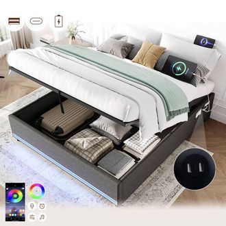 Matteo King Hydraulic Storage Bed - Linen Frame with LED Lights - Grey