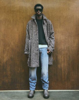 Bershka cappotto effetto feltro a spina di pesce con cintura beige-Marrone