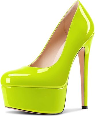 Castamere Womens Stiletto High Platform Heel Round Toe Pumps Court Shoe Slip-on Party Dress Patent Leather 15 CM Heels Yellow Green 4 UK