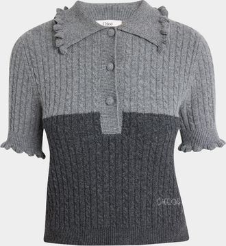 Chloé Bicolor Ruffle-Trim Short-Sleeve Polo Sweater